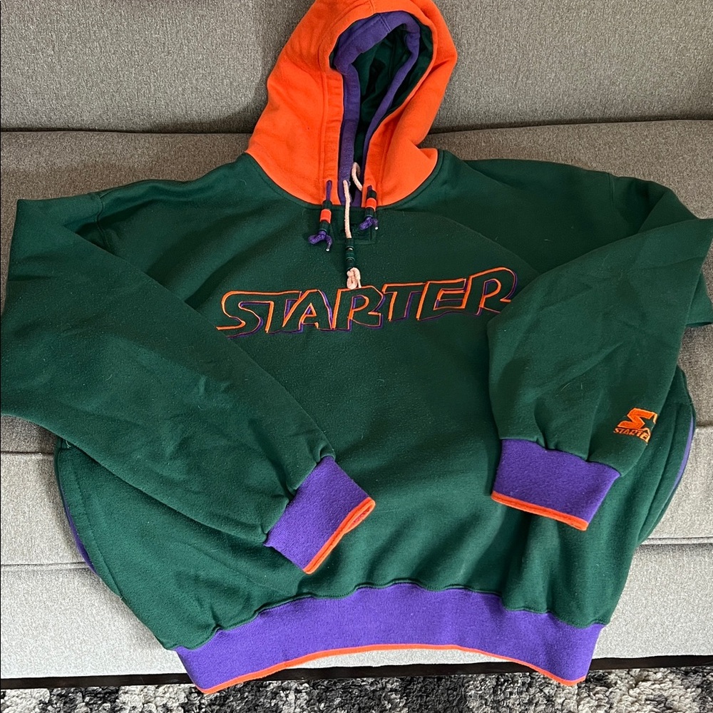 Starter VINTAGE Men's Green and Orange Hoodie with Purple Accents